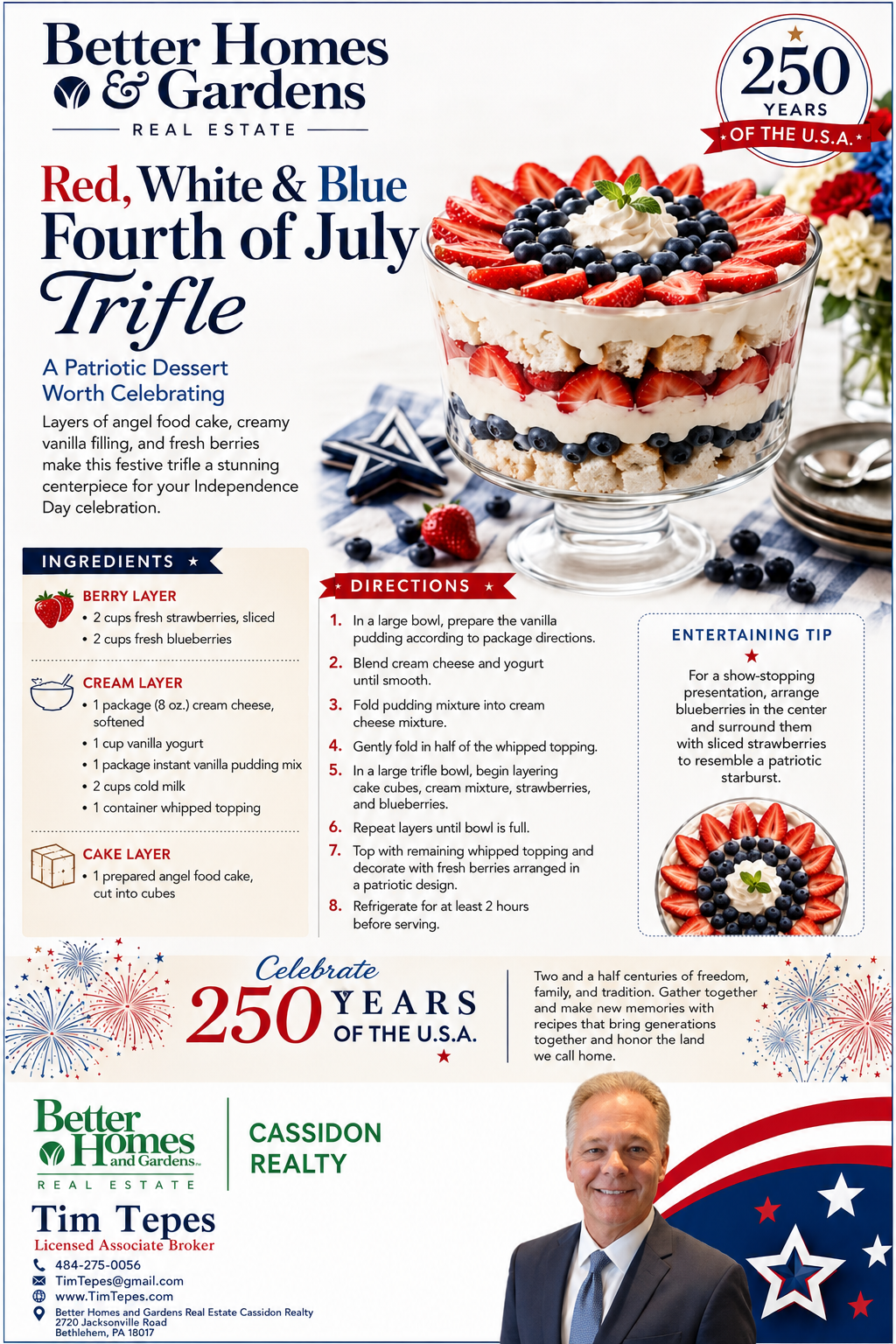 Red, White and Blue Fourth of July Trifle recipe flyer with festive layered dessert