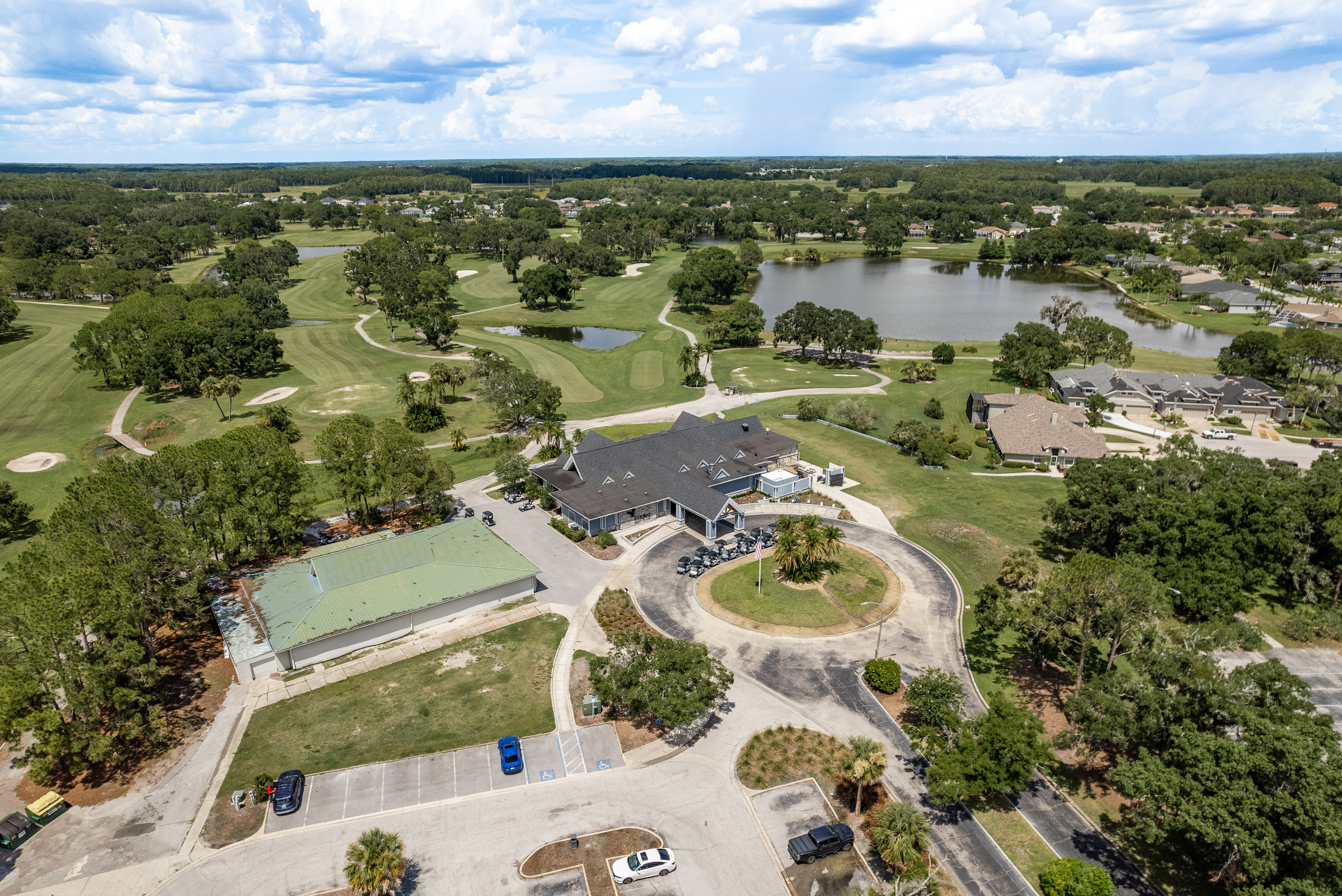 Aerial view of The Eagles golf course and clubhouse in Odessa, Florida