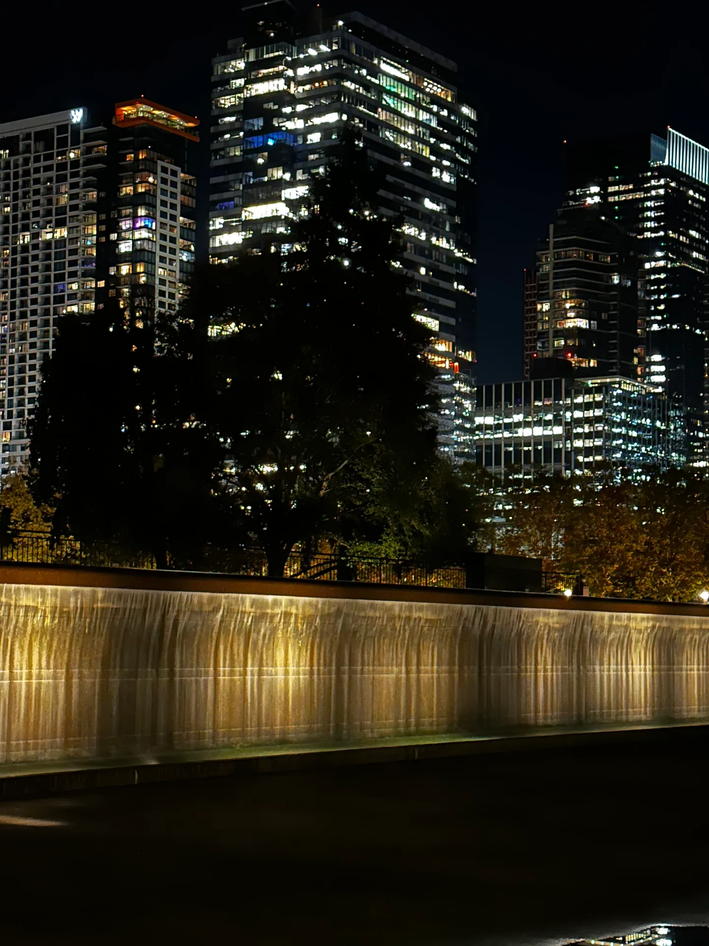 Nighttime Bellevue Washington skyline with the illuminated fountain reflected in the water — Eastside events and things to do in Bellevue WA
