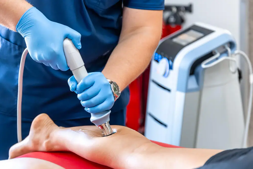 Practitioner applying a shockwave therapy device to a patient's lower leg at ChiroPrime Orlando