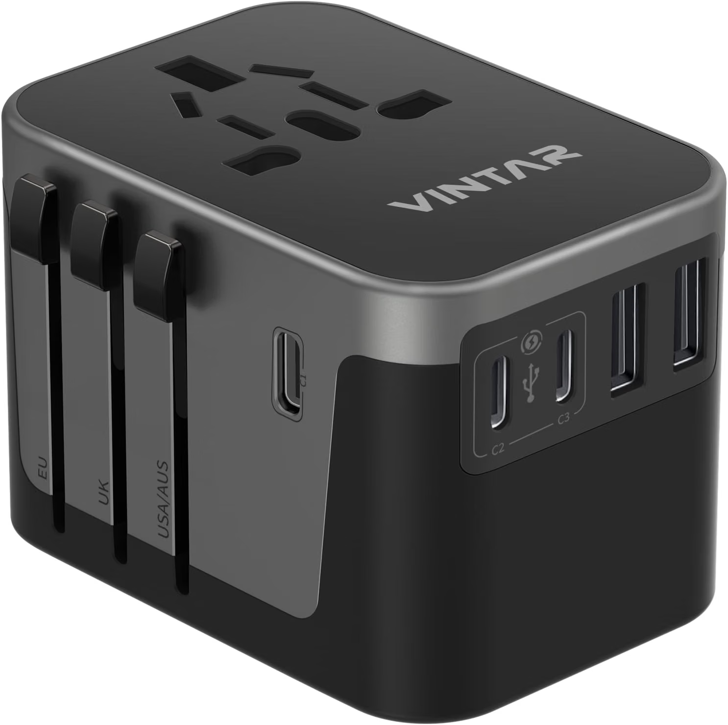 Adaptador de viaje universal de 30 W, un adaptador de enchufe de viaje universal compacto con puertos USB-C y USB, fotografía de producto, vista 1