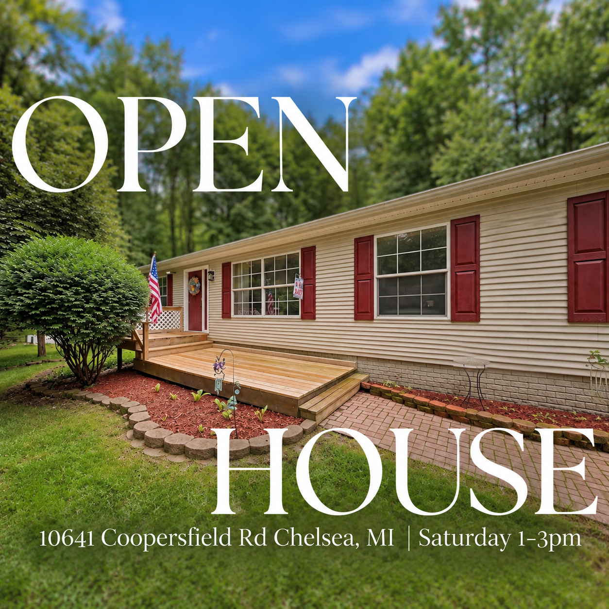 10641 Coopersfield Road, Chelsea, MI, a one-story home with beige siding, dark red shutters, and a wooden deck