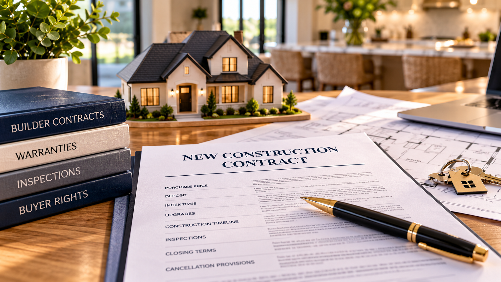 A buyer and builder representative signing a new-construction contract at a table