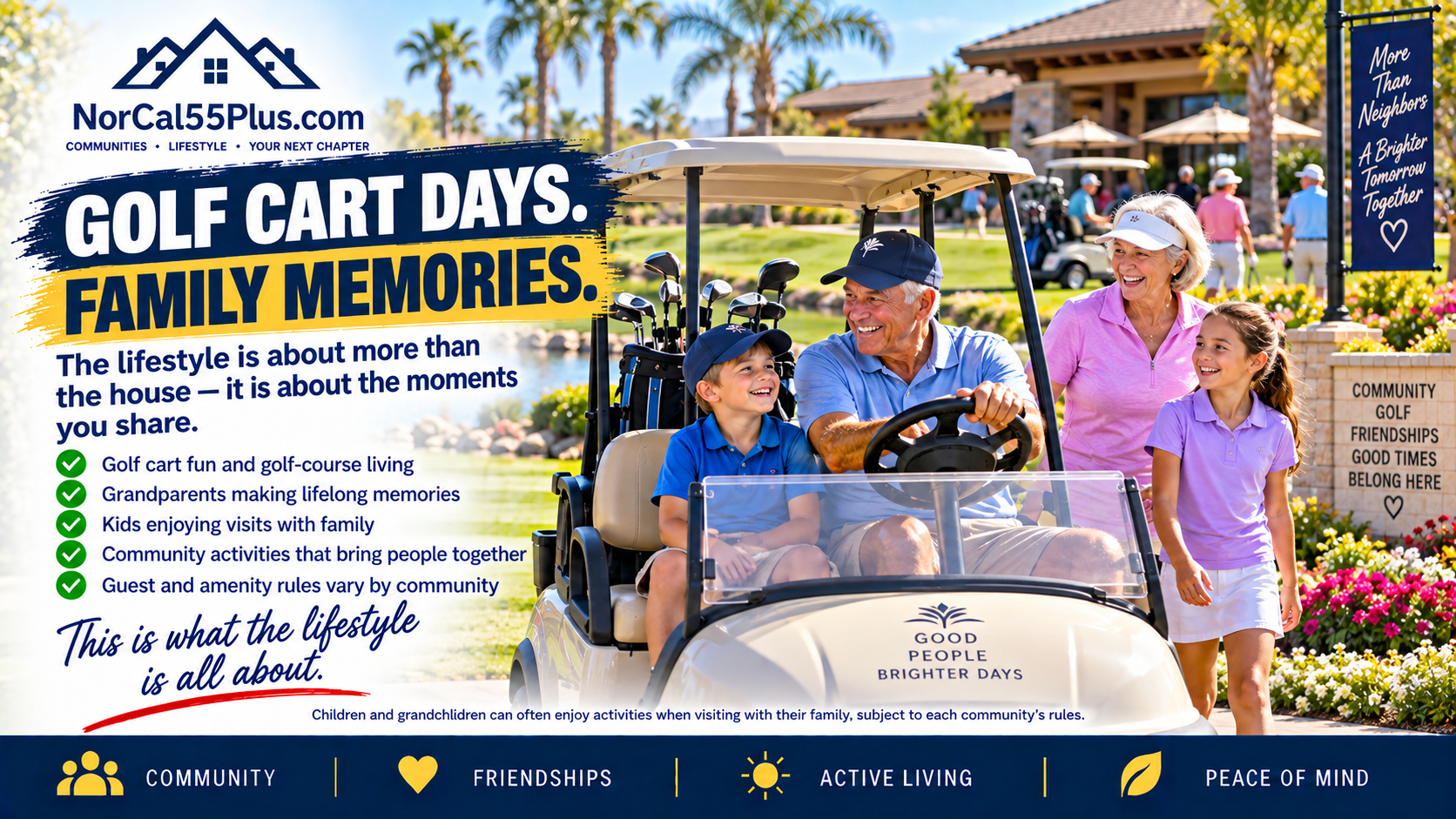 Video slide about staying active, engaged, social, and connected in a 55+ community