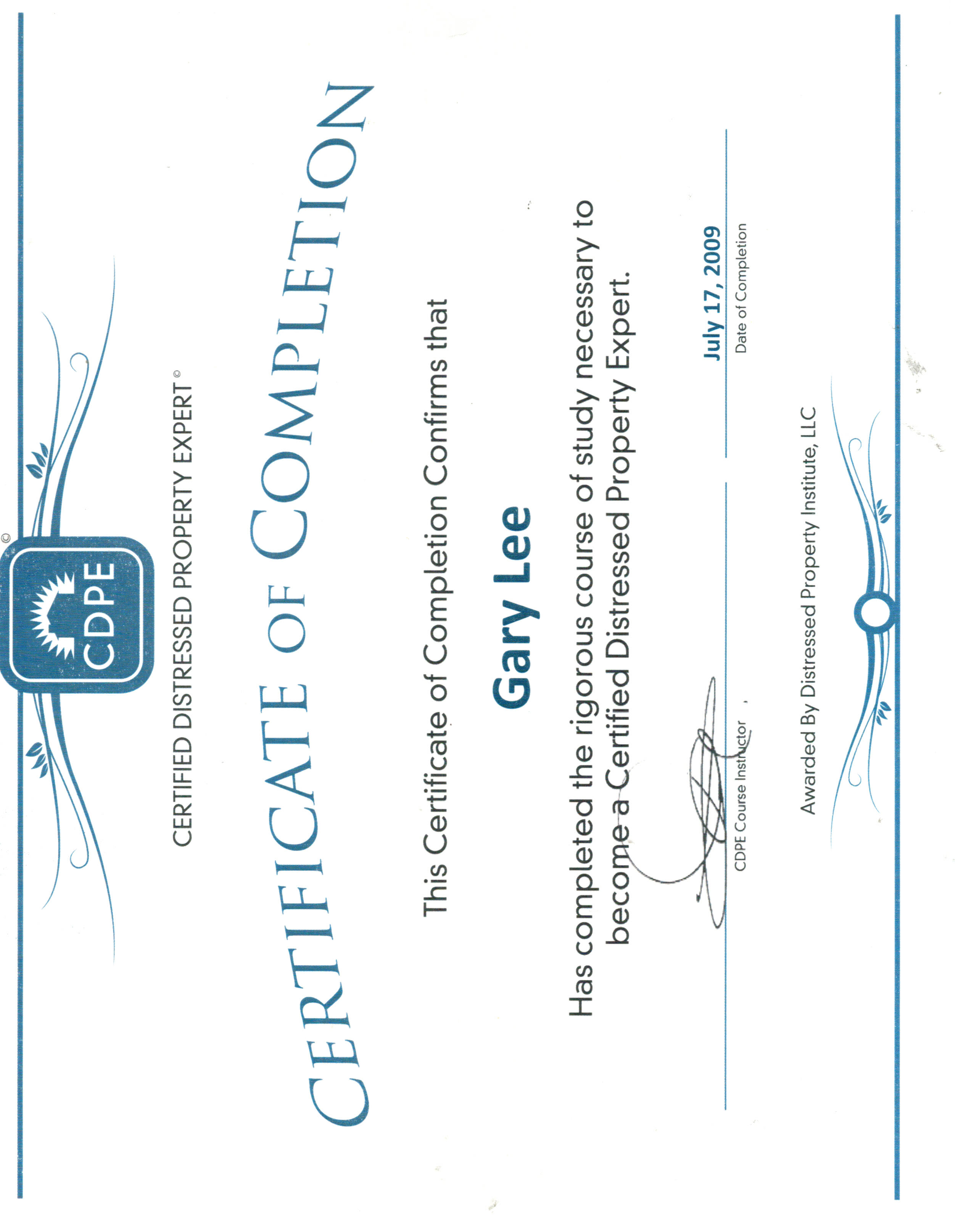 Gary Lee's Certified Distressed Property Expert (CDPE) certificate, dated July 17, 2009