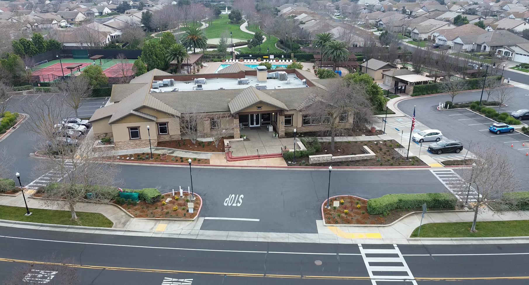 Aerial view of the Arbour Lodge and pool at Del Webb Glenbrooke in Elk Grove, California