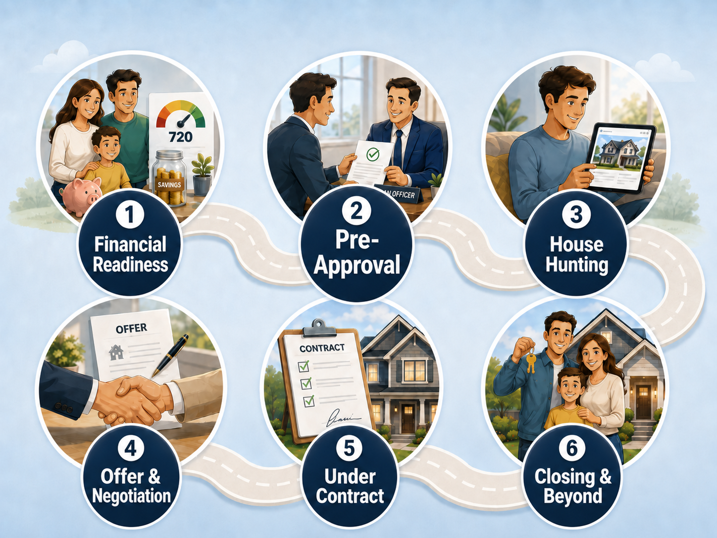 Six-step first-time homebuyer roadmap from financial readiness and pre-approval through house hunting, offer negotiation, under contract and closing.