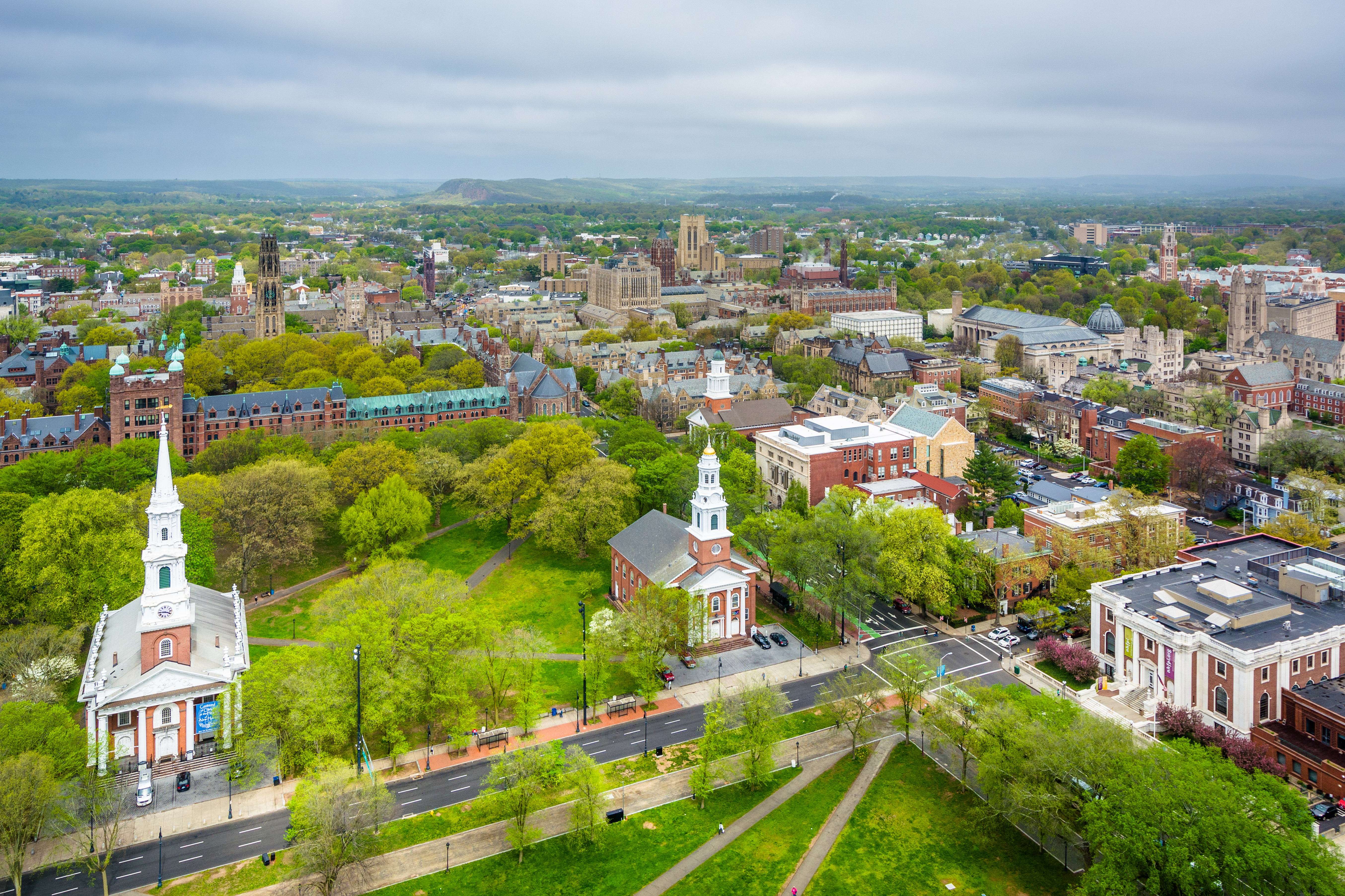 Aerial view of Yale University campus and New Haven Green, Connecticut
