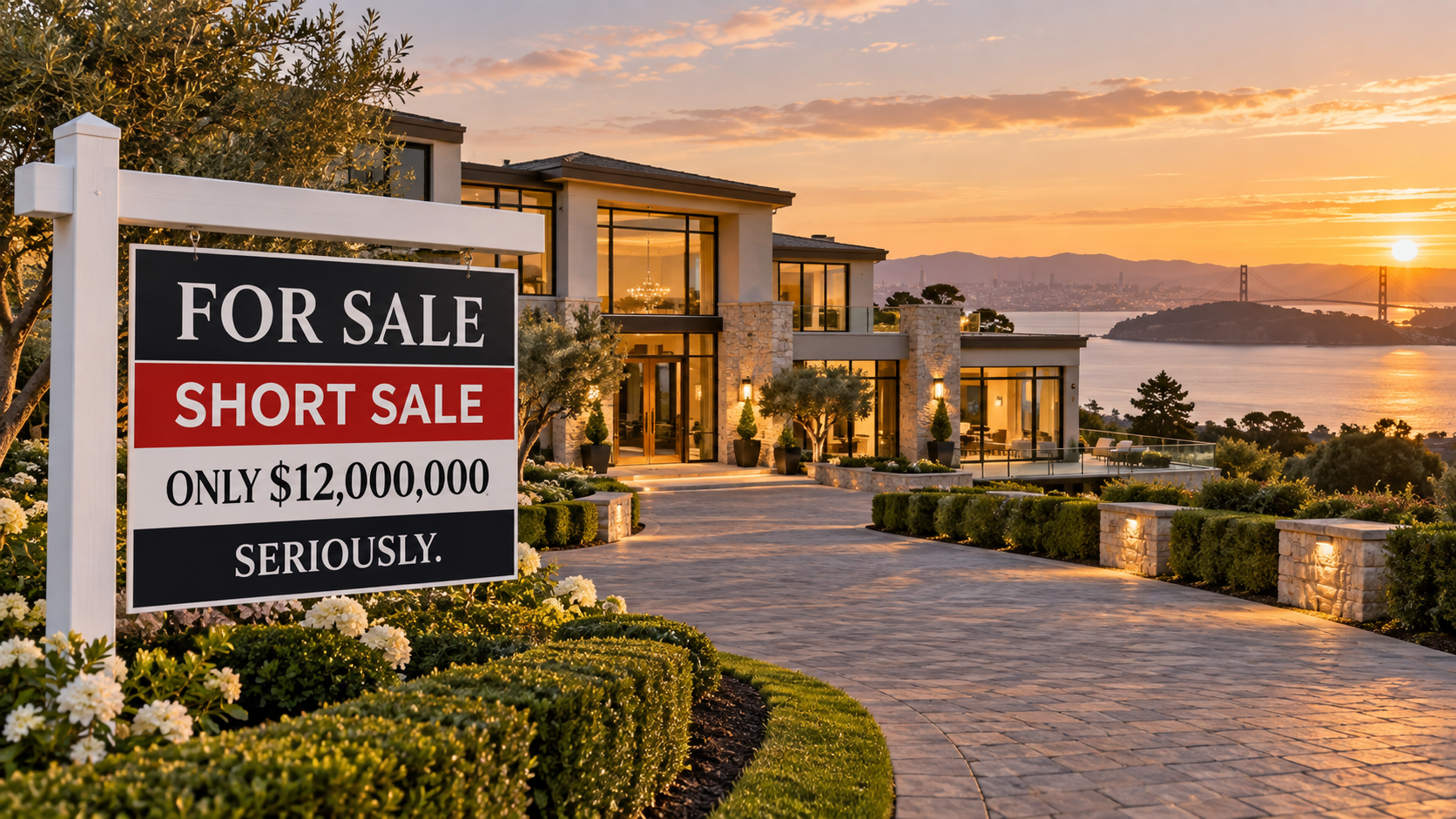 Illustrative luxury-home graphic inspired by the $12.108 million Woodside short-sale closing; not a photograph of the property.