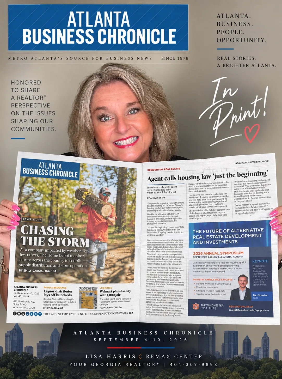 Lisa Harris holding the two-page In Print feature of the Atlanta Business Chronicle September 4-10, 2026 print edition