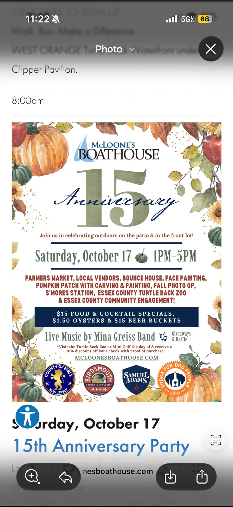 Anniversary party flyer for McLoone's Boathouse in West Orange NJ, advertising a farmers market, pumpkin carving and painting, live music, and giveaways for Saturday, October 17