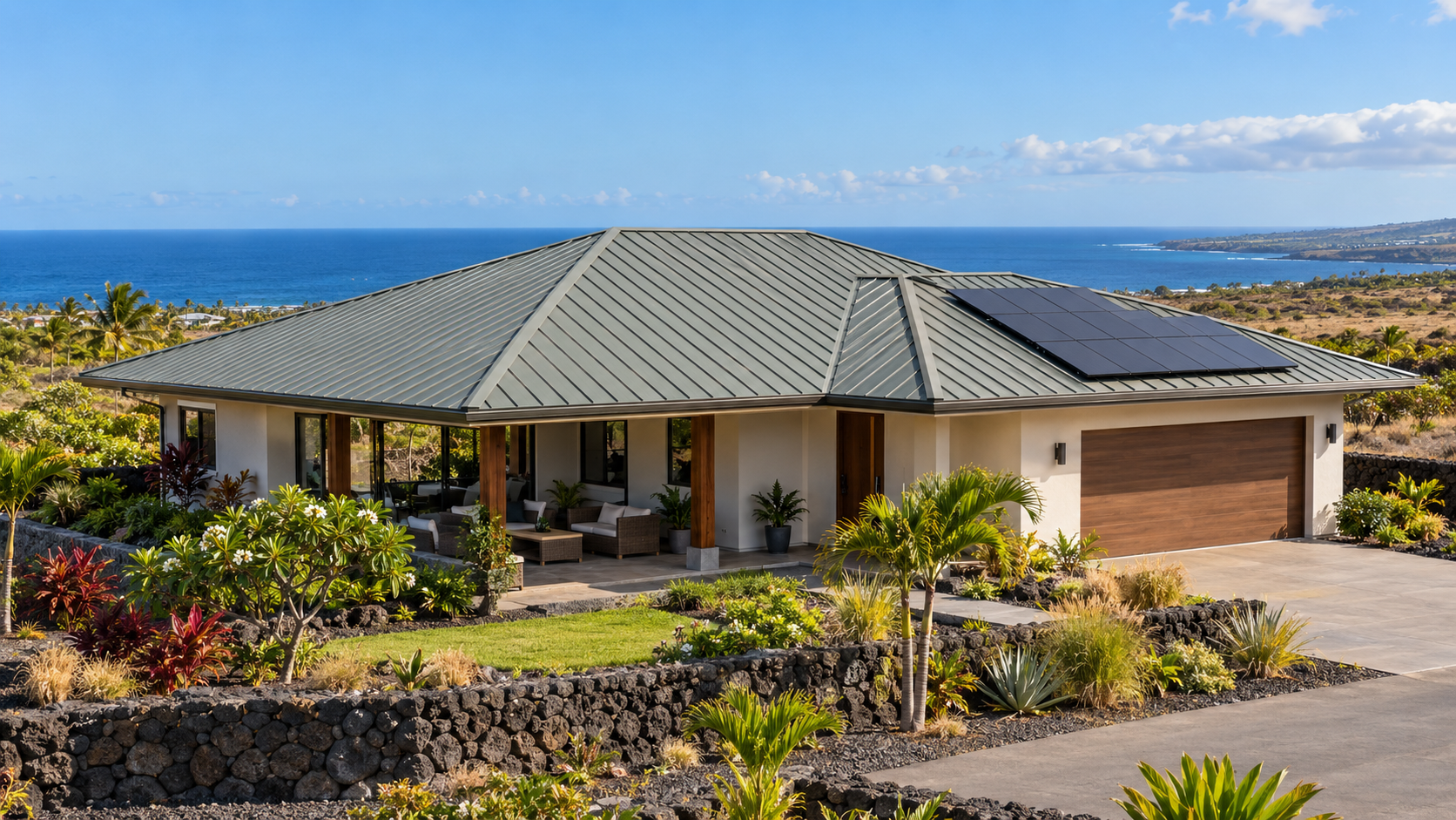 Hawaiʻi Island home with a standing-seam metal roof and rooftop solar panels overlooking the ocean.