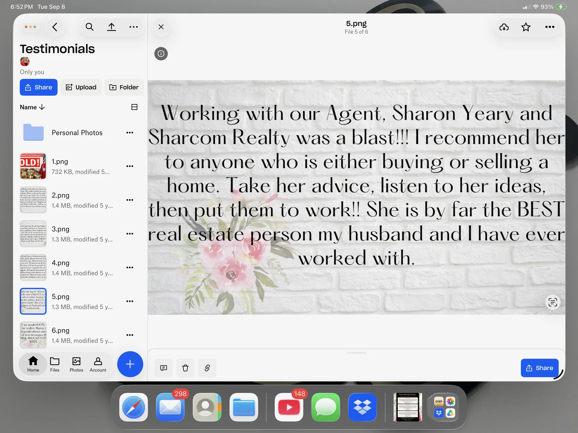 A Texas client's recommendation card praising Sharon Yeary of Sharcom Realty Group