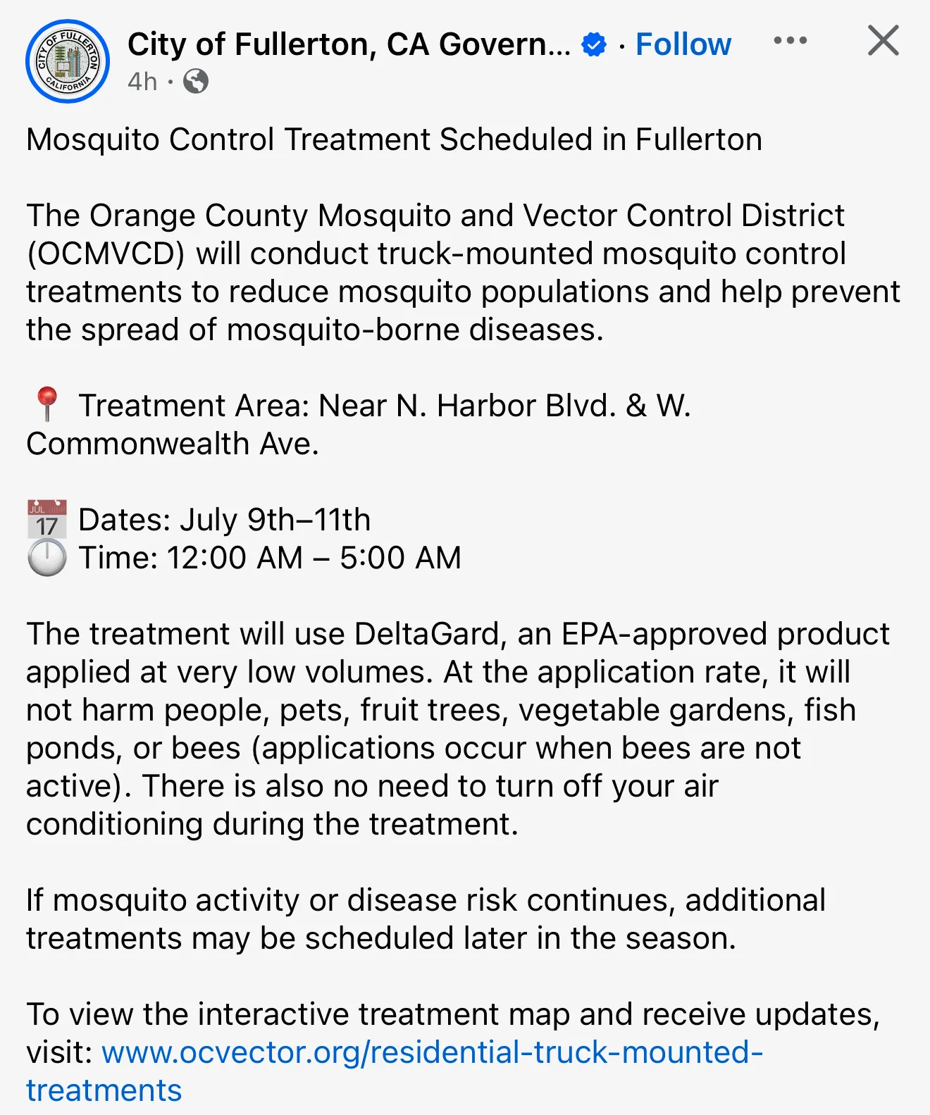 City of Fullerton Facebook post announcing mosquito control treatment scheduled for July 9–11, 2026