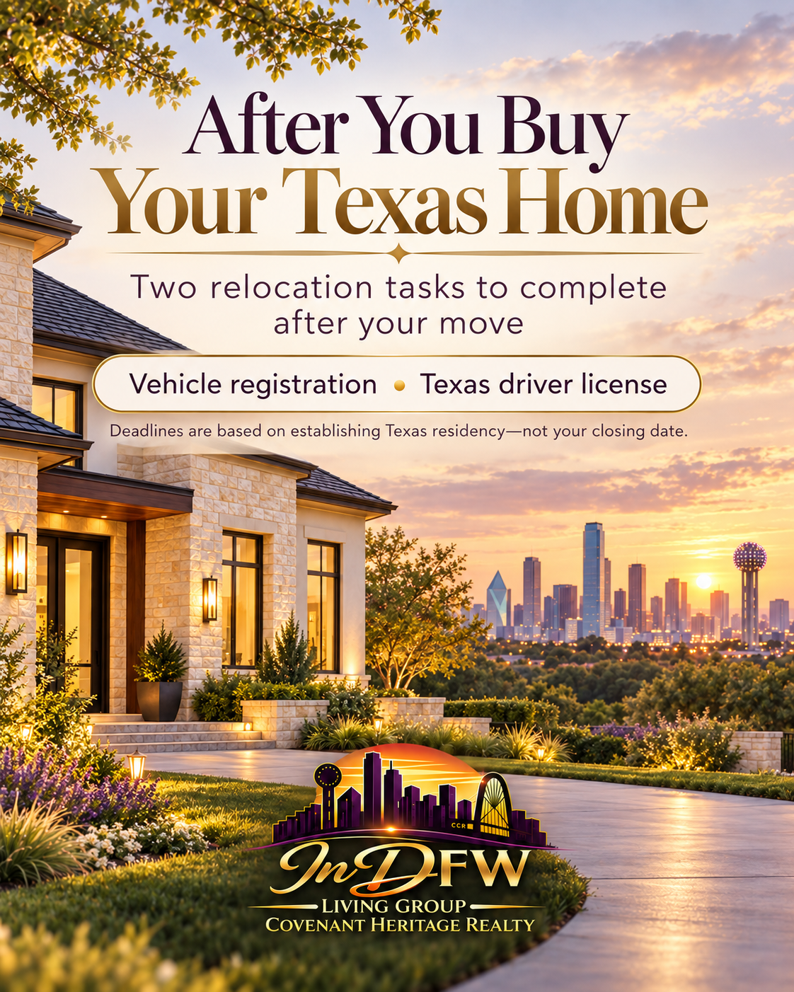 After You Buy Your Texas Home carousel cover highlighting two tasks: vehicle registration and Texas driver license