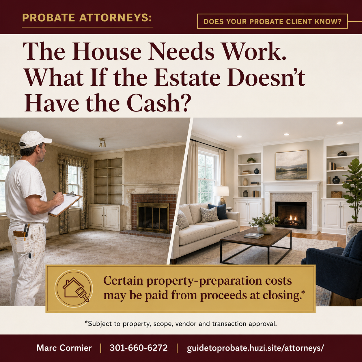 Attorney resources flyer with Marc's contact information for probate property questions