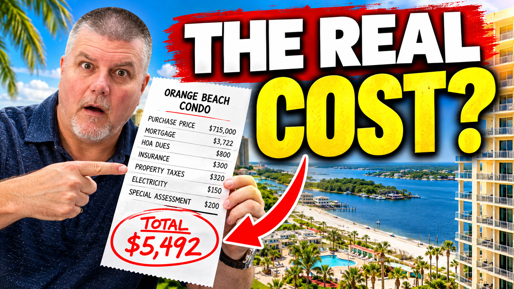 YouTube thumbnail for Andy Hollis's video on buying an Orange Beach condo and calculating the real cost before making an offer