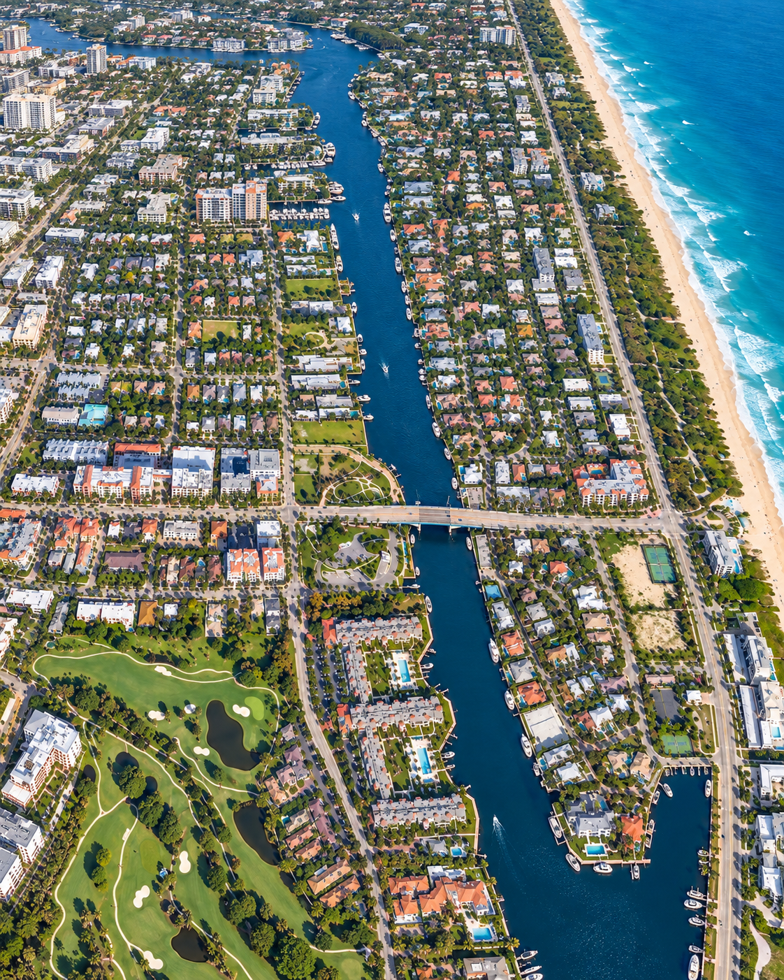 Aerial illustration of Boca Raton showing Palmetto Park Road bridge, the Intracoastal Waterway, nearby neighborhoods, and Atlantic beach.