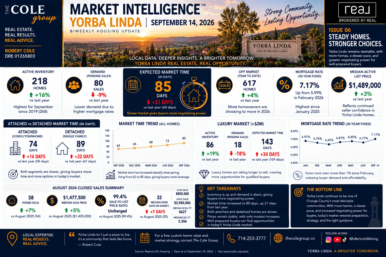 Yorba Linda housing market update infographic for Issue 06 showing pricing and market time data