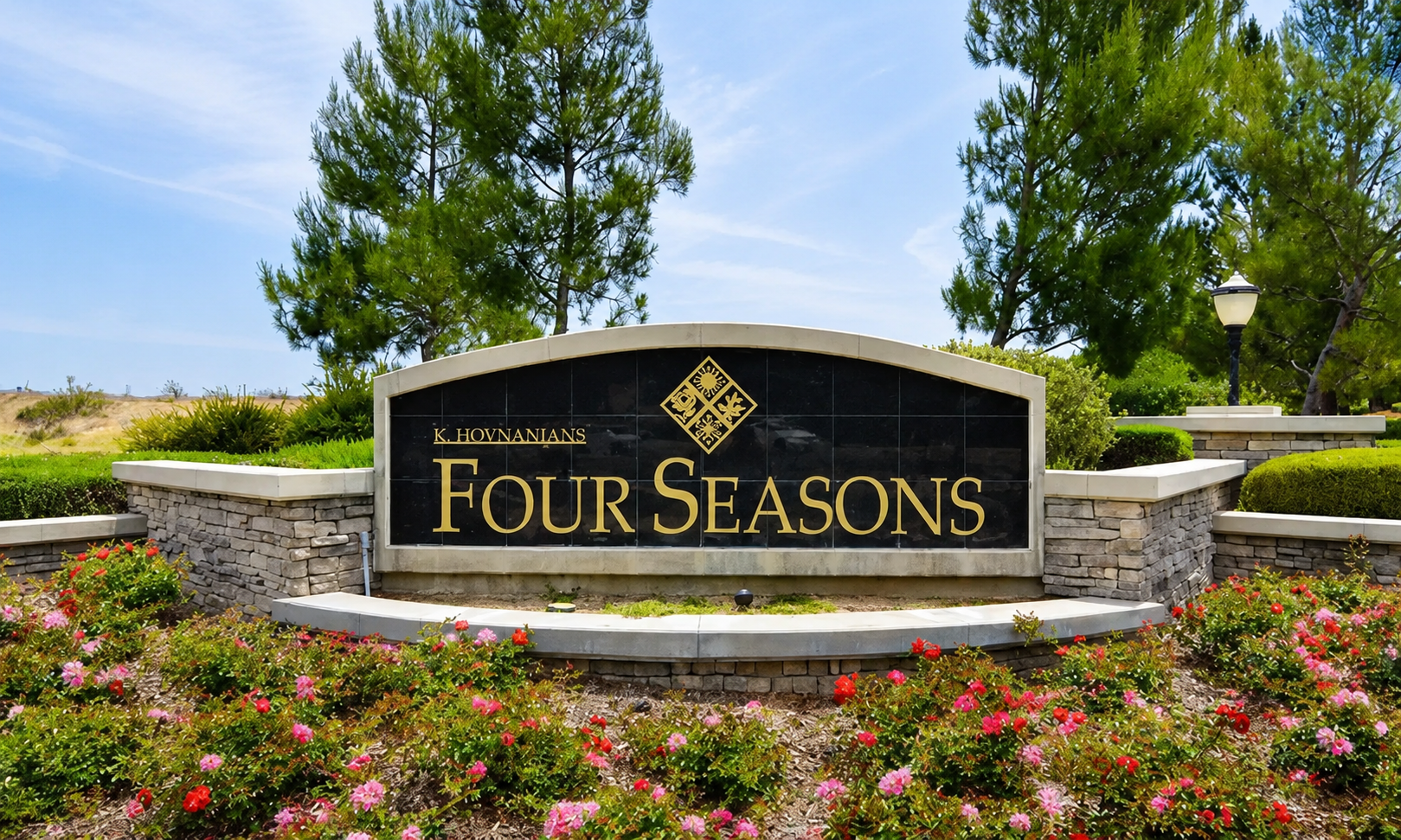 Stone monument sign for Four Seasons senior community in Murrieta California