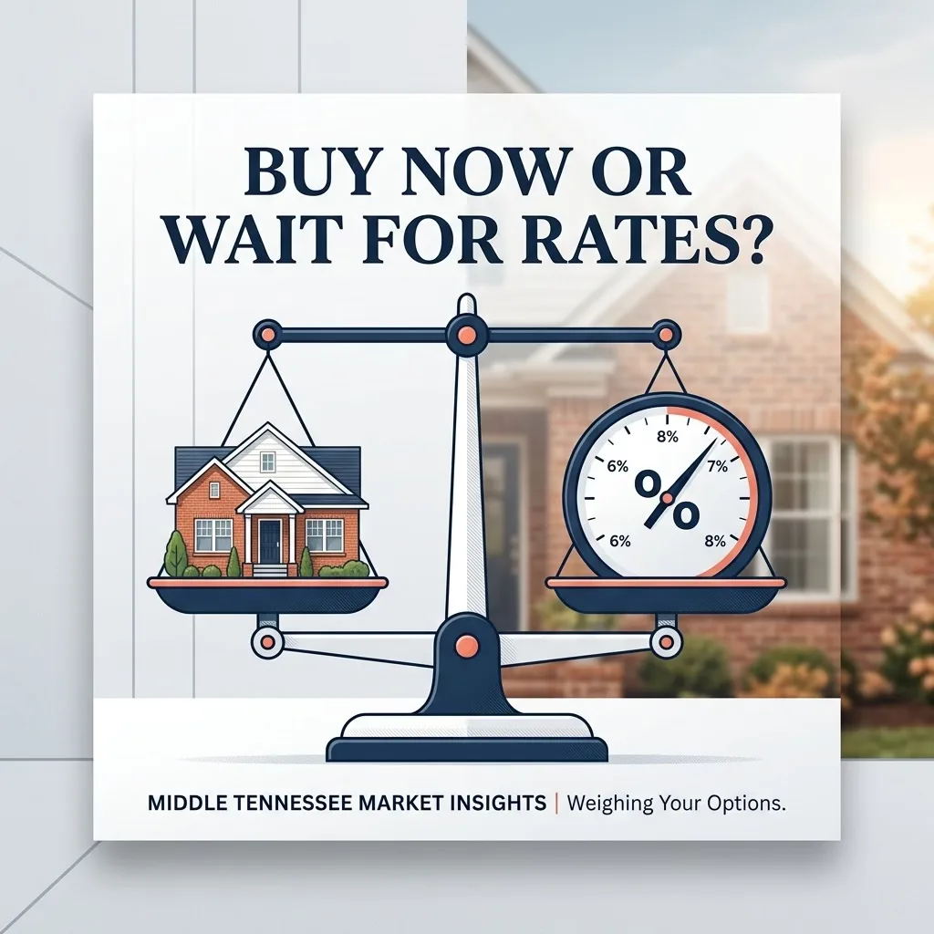 Social graphic titled "BUY NOW OR WAIT FOR RATES?" with a balance scale illustration and a brick house at sunset