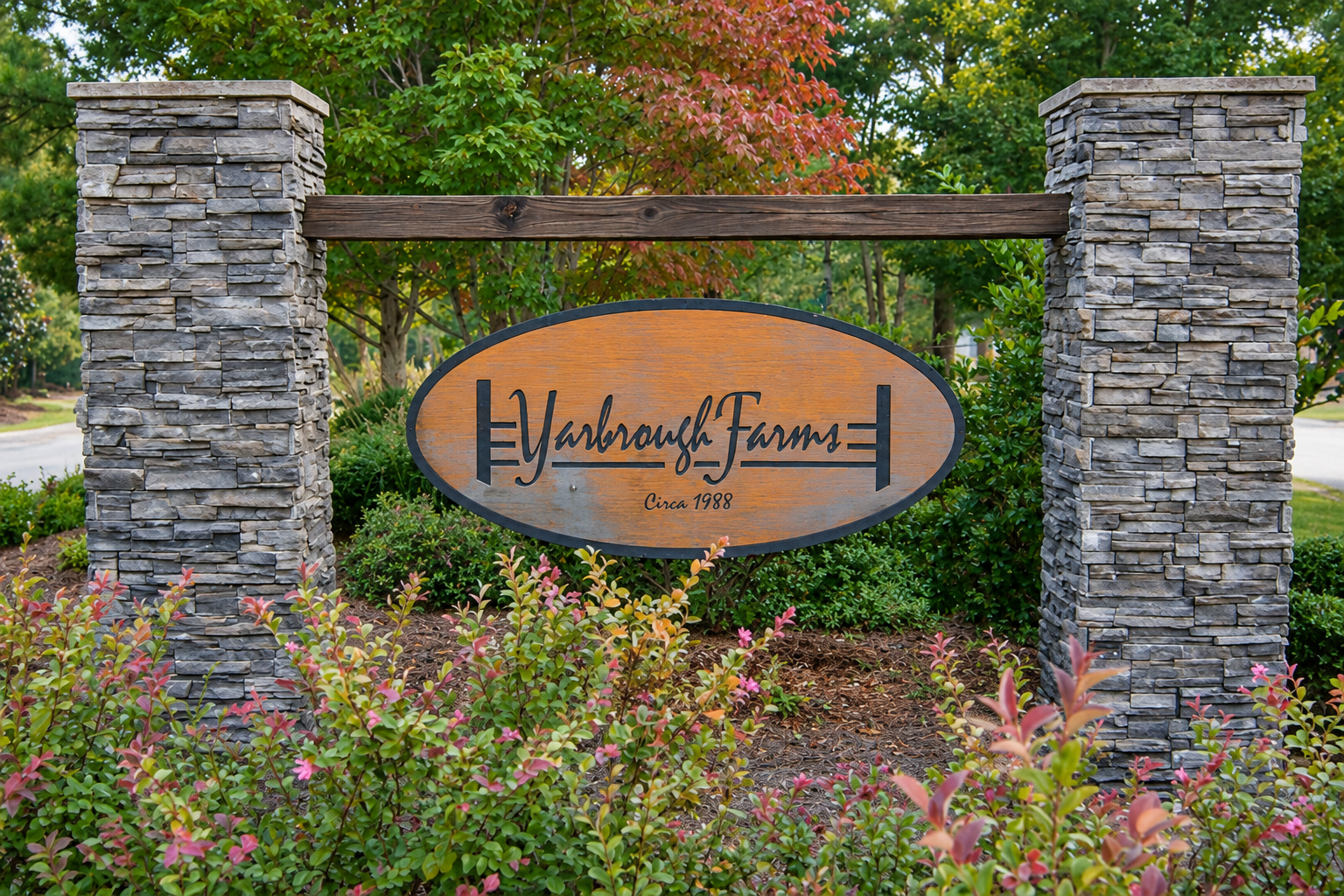 Yarbrough Farms neighborhood entrance sign in Auburn, Alabama