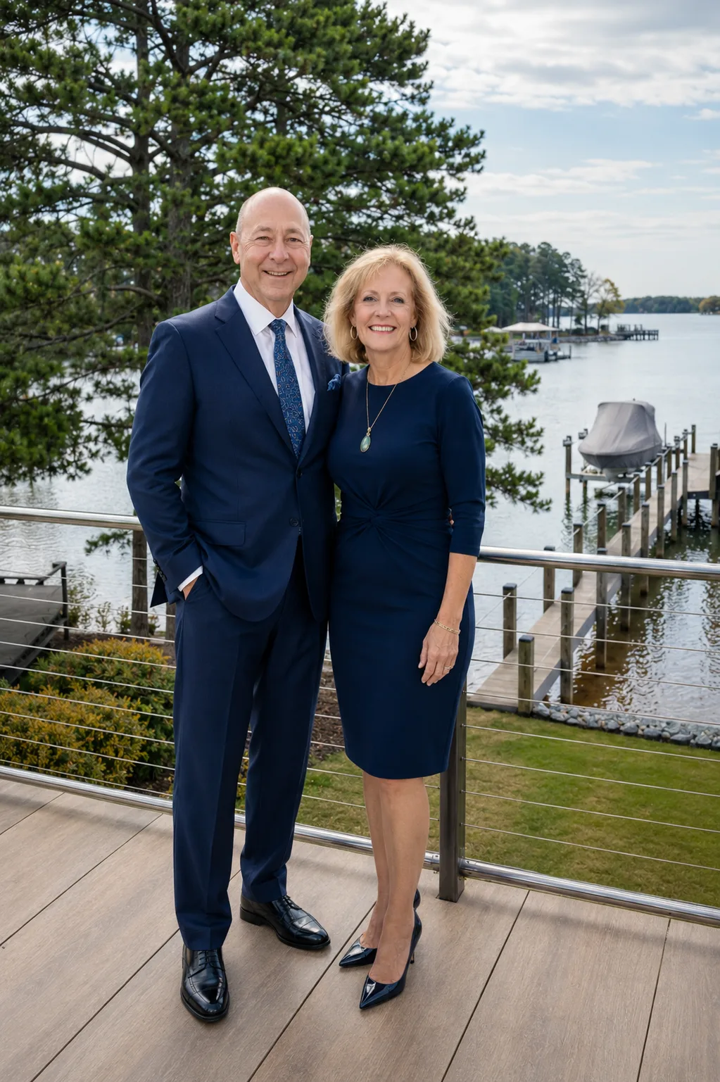 Vic and Amy Petrenko on a waterfront deck with Lake Norman in the background