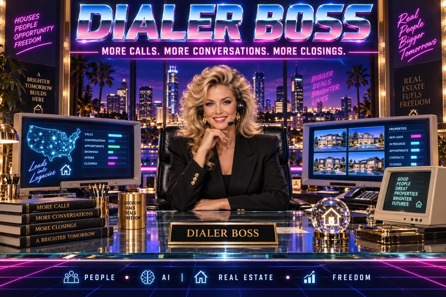 AI Dialer Boss promo graphic: an AI closer that dials, qualifies, and books agent attraction calls with compliant outreach at scale