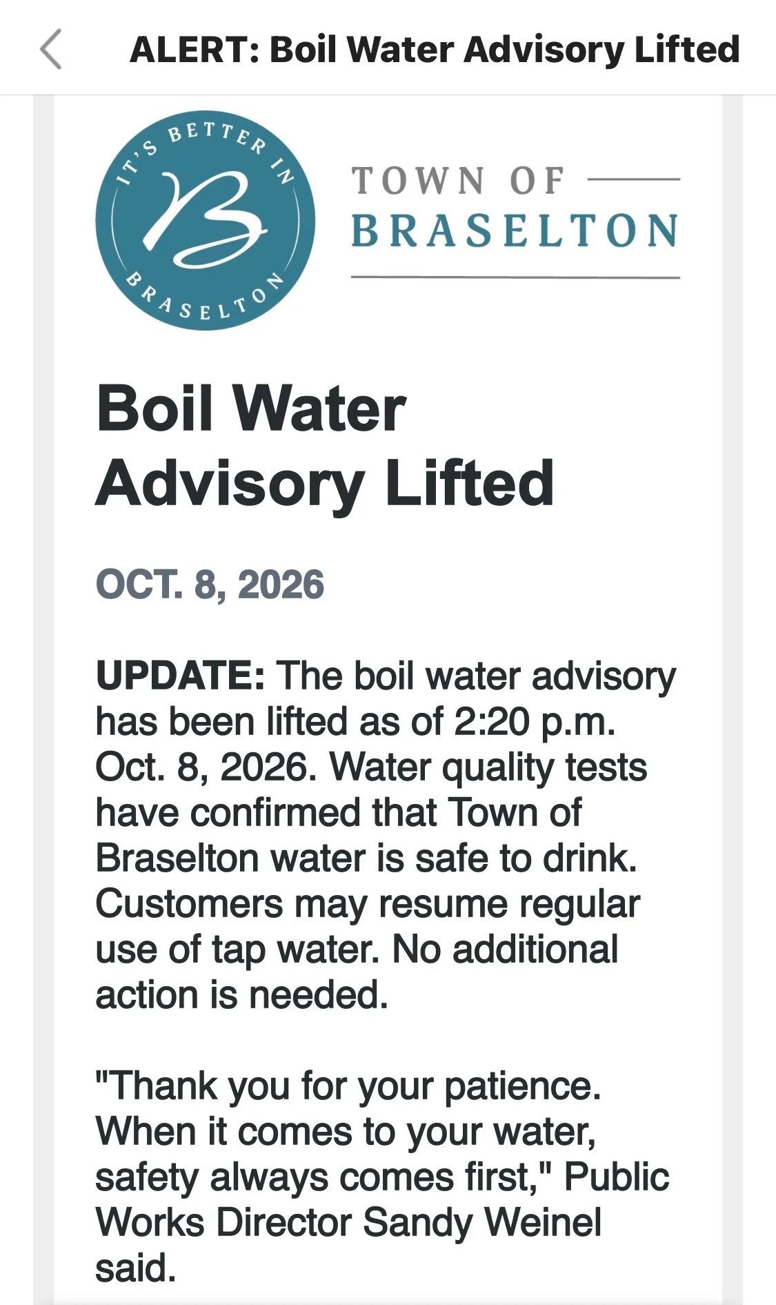 Official Town of Braselton update confirming the boil water advisory was lifted October 8, 2026 at 2:20 p.m.