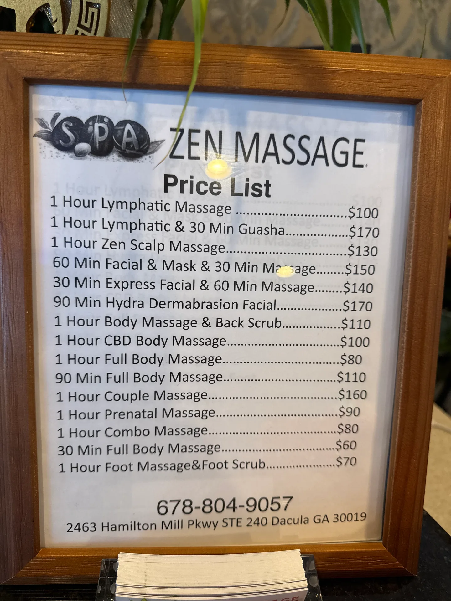 The official service and price list from Zen Massage Hamilton Mill