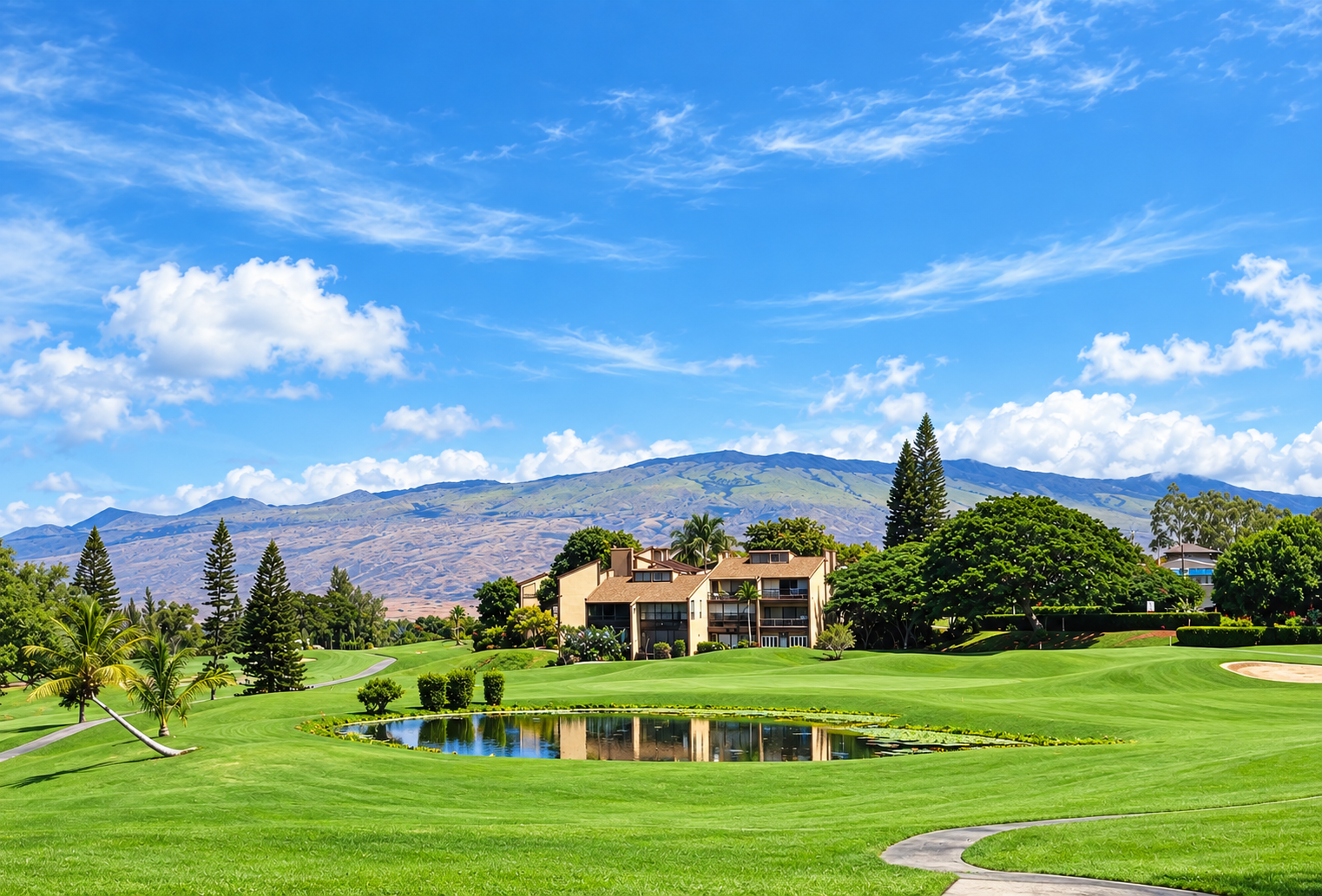 The fairway at the Waikoloa Village golf course with the Kohala mountains beyond