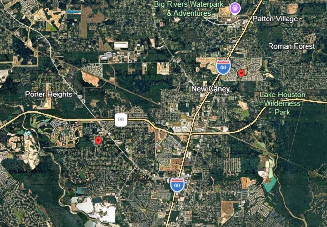 Aerial view of the Porter and New Caney area showing major roads, neighborhoods, and landmarks including Big Rivers Waterpark and Lake Houston Wilderness Park