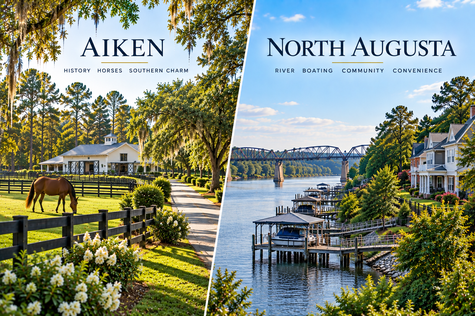 Aiken vs North Augusta comparison: Aiken horse country on one side and Savannah River homes on the North Augusta side