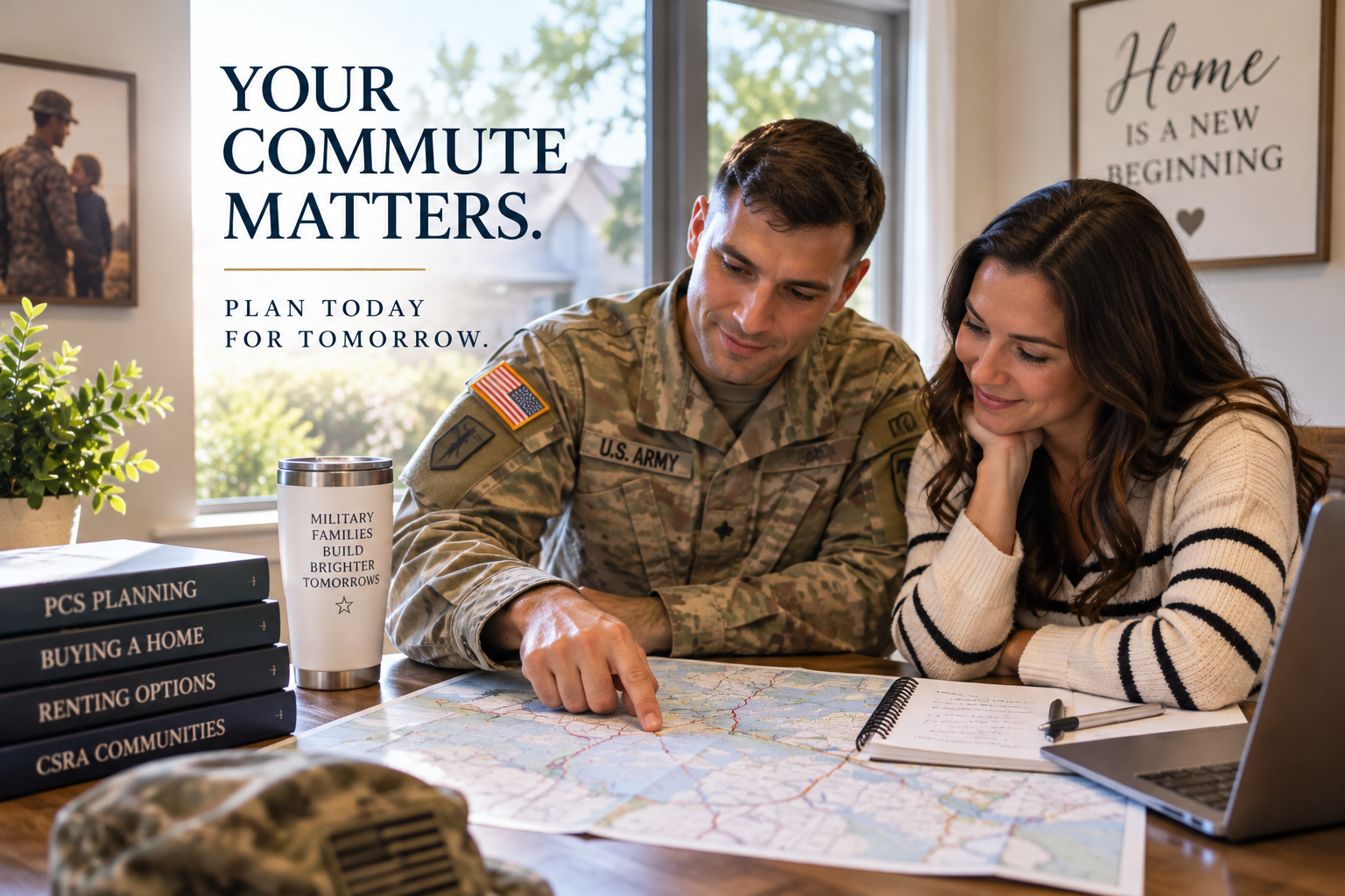 Military couple reviewing their route for a Fort Gordon commute