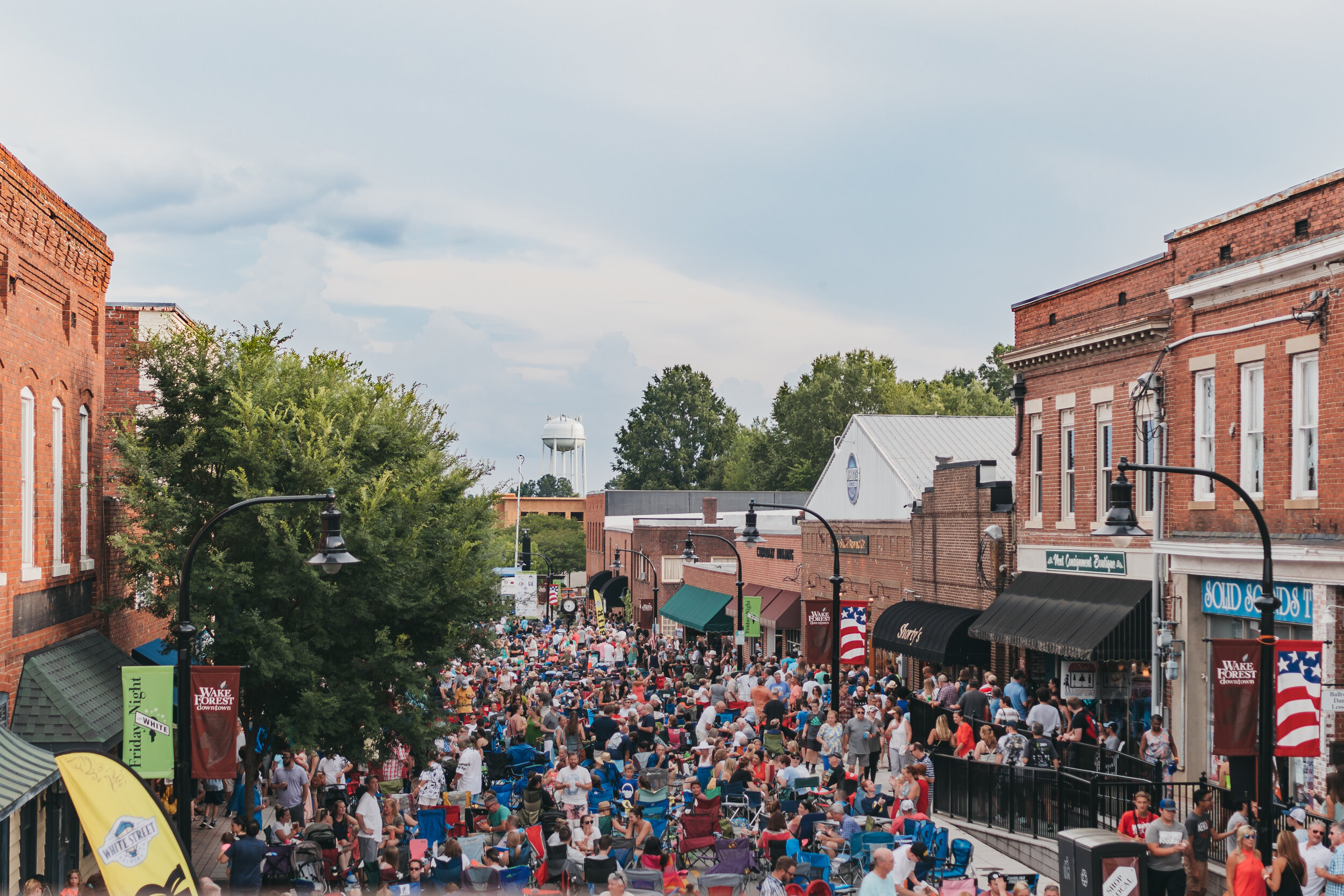 Downtown Wake Forest NC street festival with crowds and local shops
