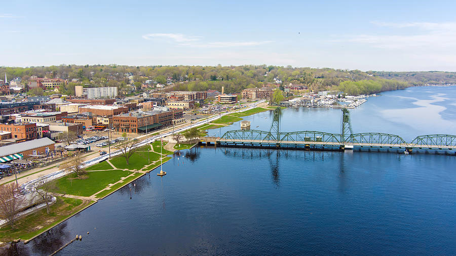 Drone aerial view of Stillwater, Minnesota along the St. Croix River
