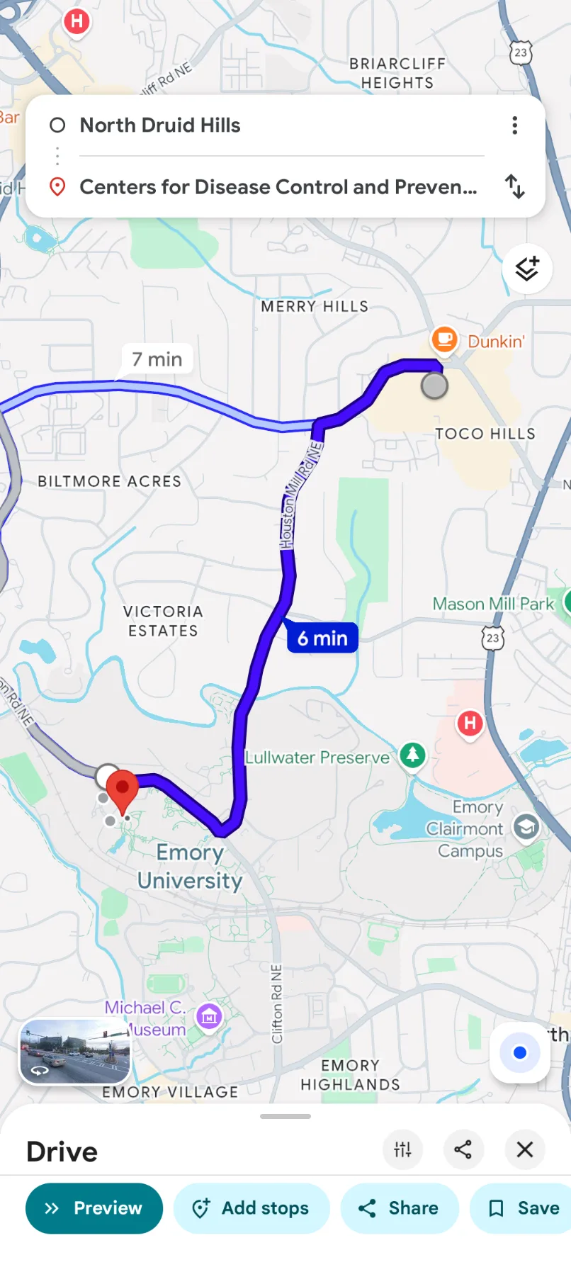 Google Maps directions from North Druid Hills to the CDC showing about a 7 minute drive
