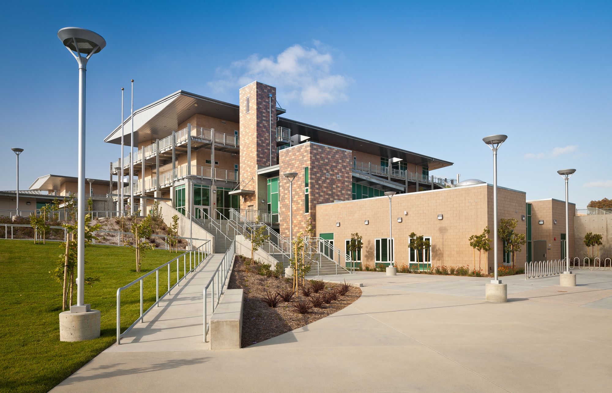 A modern school campus at golden hour