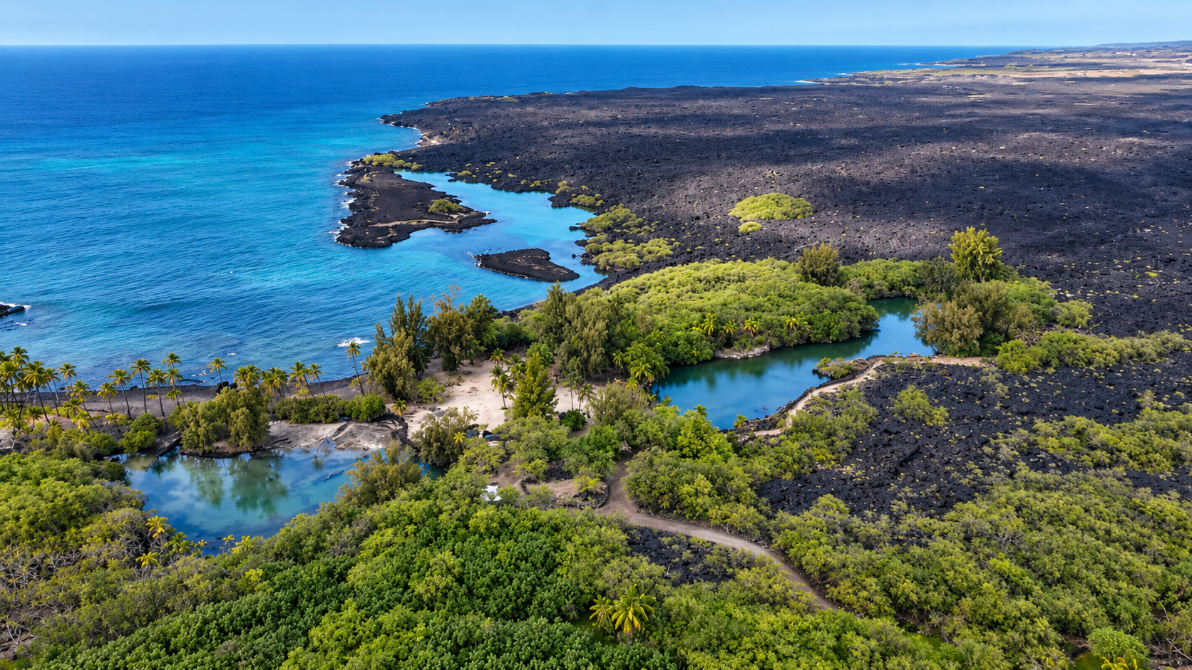 Aerial view of Kīholo Bay on the Kona coast of Hawaiʻi Island.