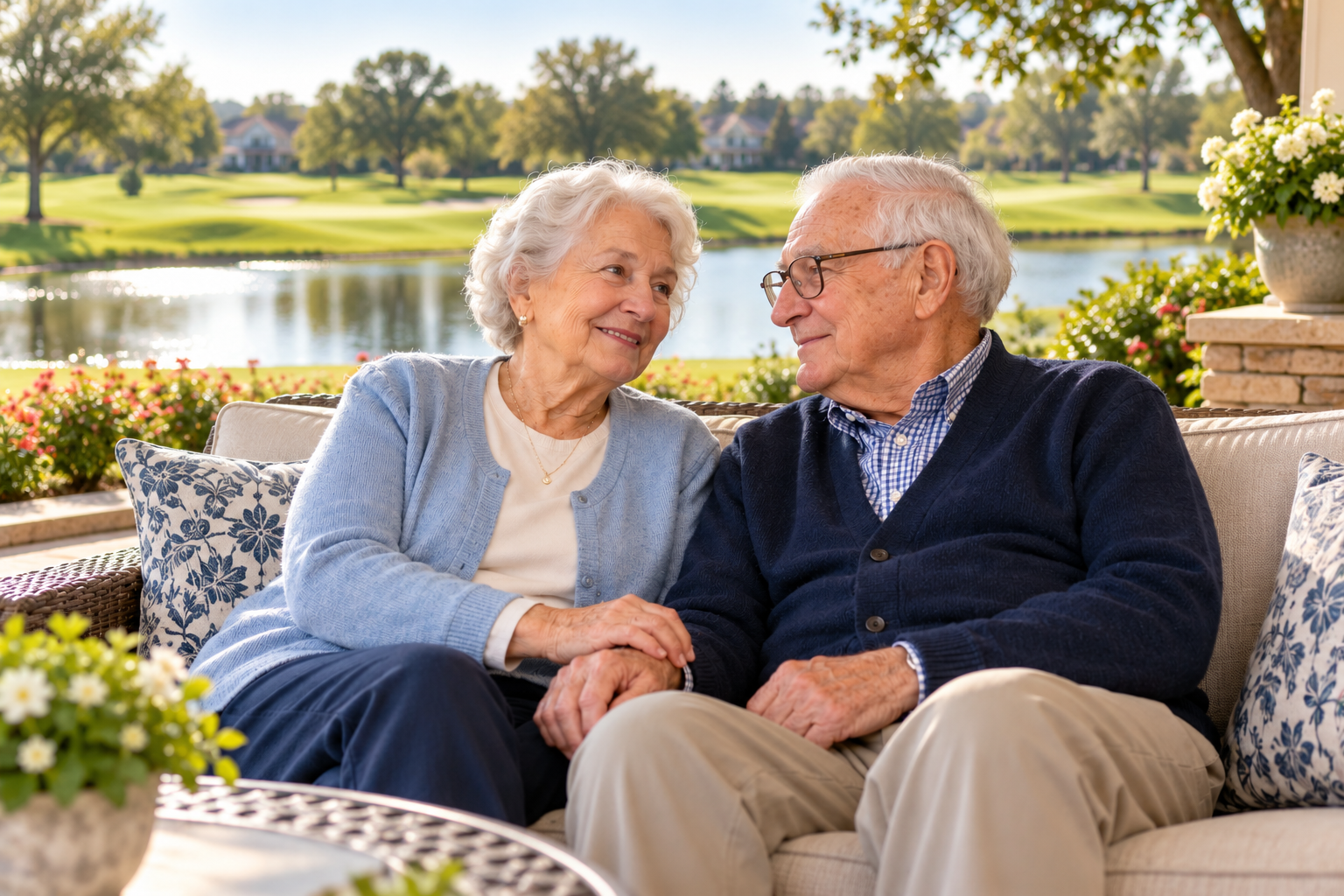 An elderly couple standing side by side, representing a client story about planning a home sale around a move to assisted living