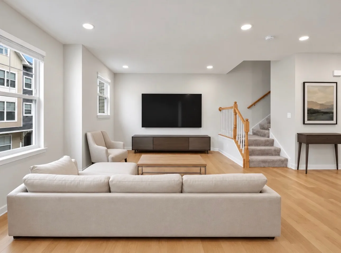 Sunlit living room with a light sectional sofa facing a TV above a media console, staircase at the side