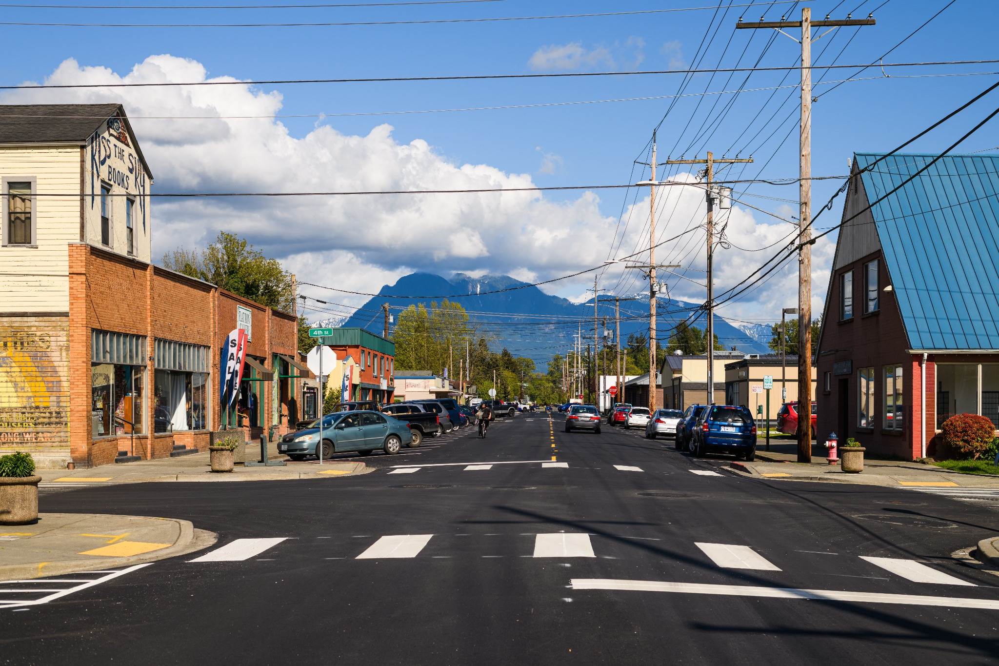 Downtown Sultan, Washington, seen along Highway 2 with the Cascade Mountains rising beyond the town