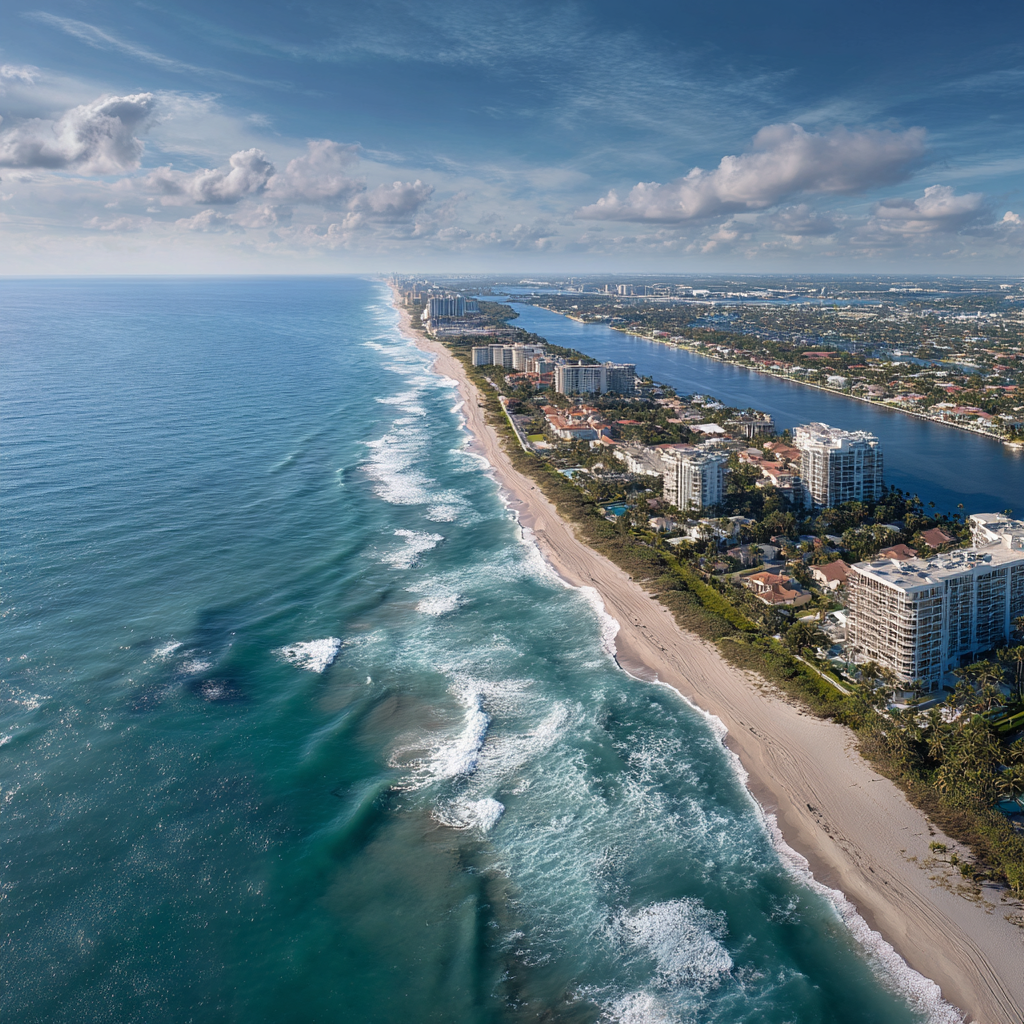 Aerial view of the Intracoastal Waterway and coastal homes in Boca Raton, Florida