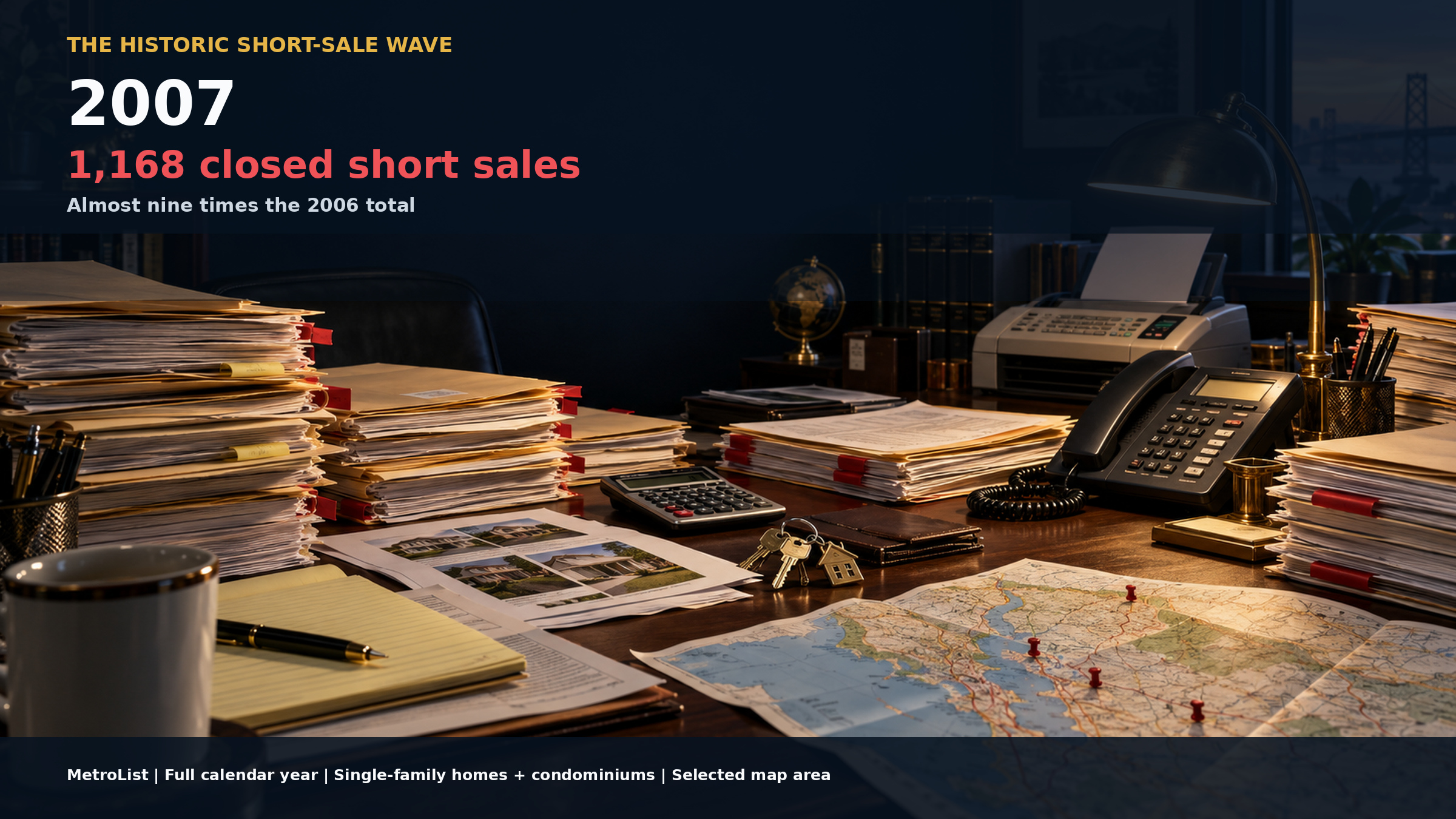 The 2007 historic short-sale wave graphic showing 1,168 closed residential short sales in a single year