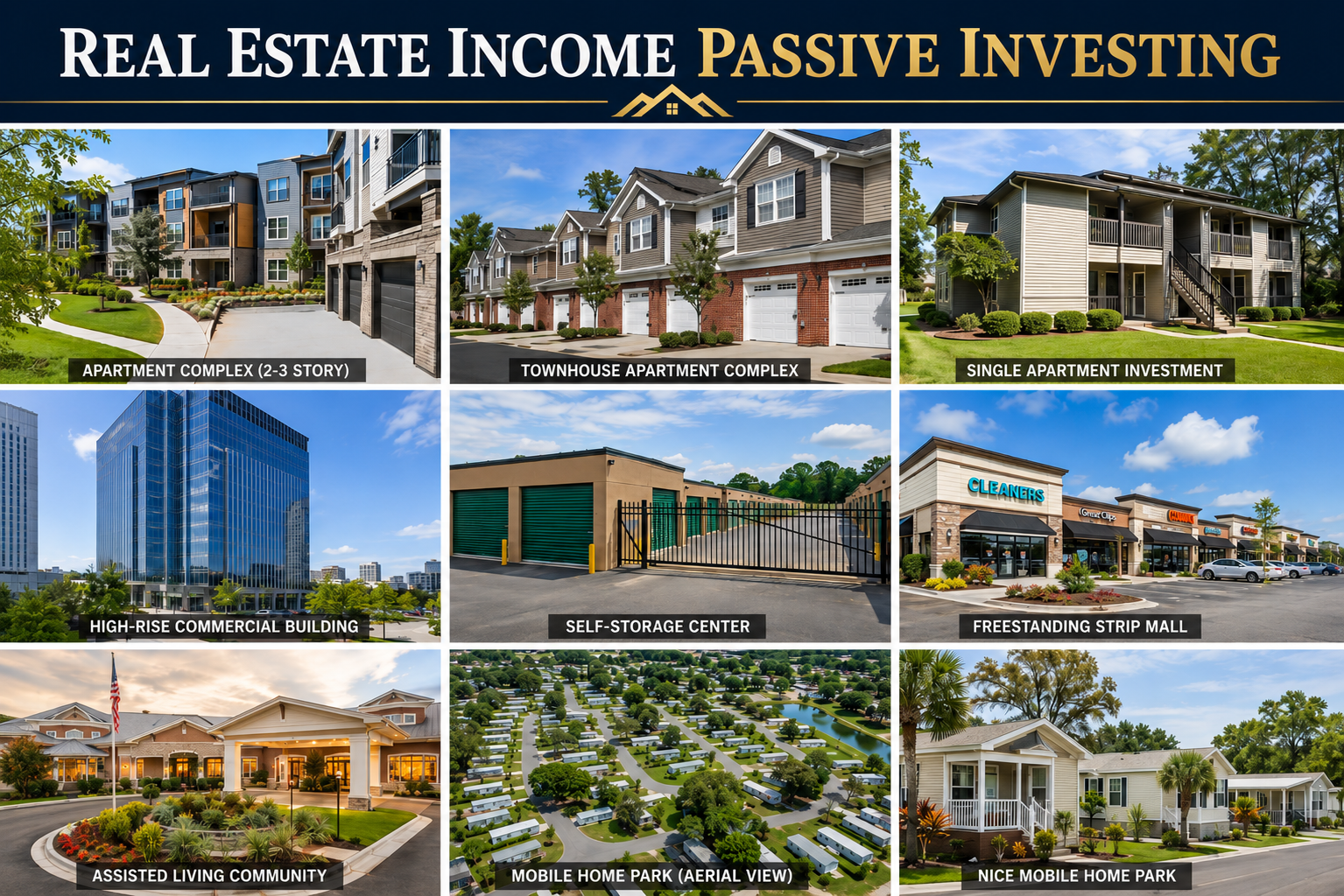 Real estate passive income investing infographic showing different property types including apartments, self-storage, and commercial properties