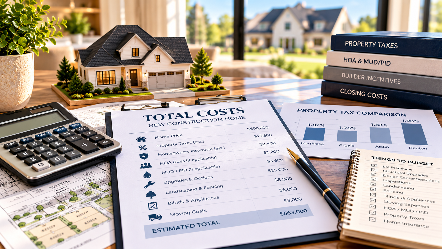 A home-buying costs planning desk with documents and a calculator in North Texas