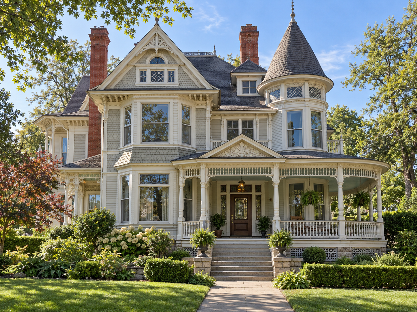 AI-generated illustration of a Queen Anne Victorian home featuring a turret, wraparound porch, patterned shingles, and decorative woodwork.
