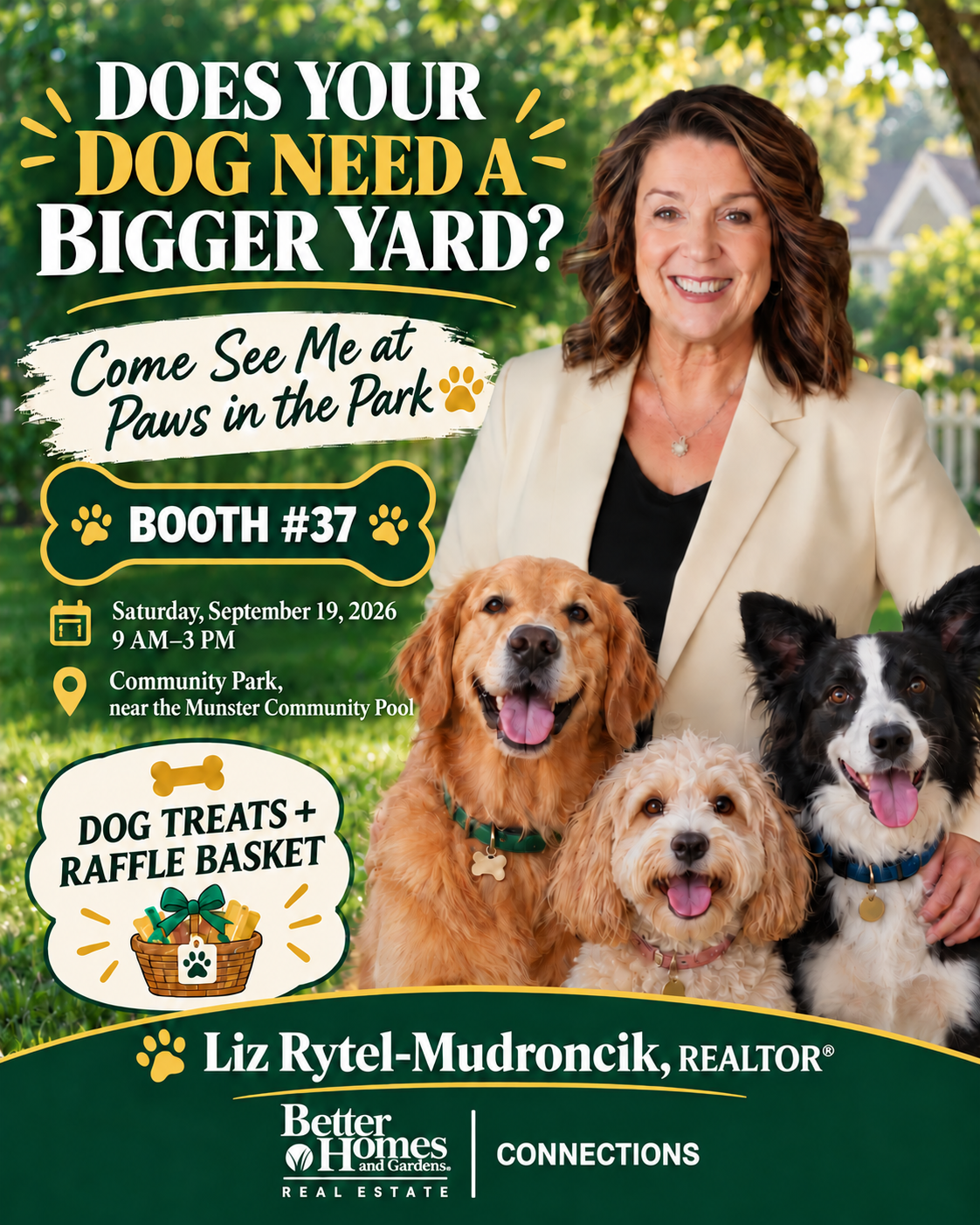 Paws in the Park event flyer inviting the community to Munster Community Park on Saturday, September 19, with the headlines 'Does Your Dog Need a Bigger Yard?' and 'Come See Me at Paws in the Park'