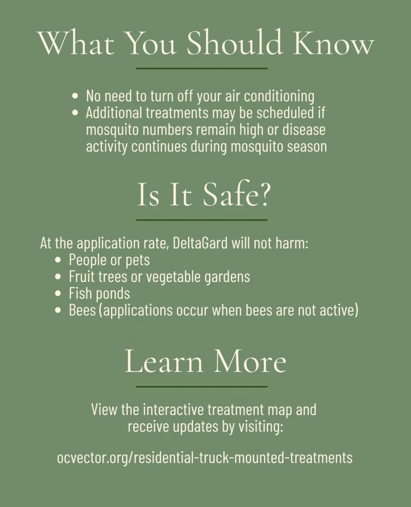 DeltaGard truck-mounted ULV application notice with product information and treatment schedule for Fullerton mosquito control