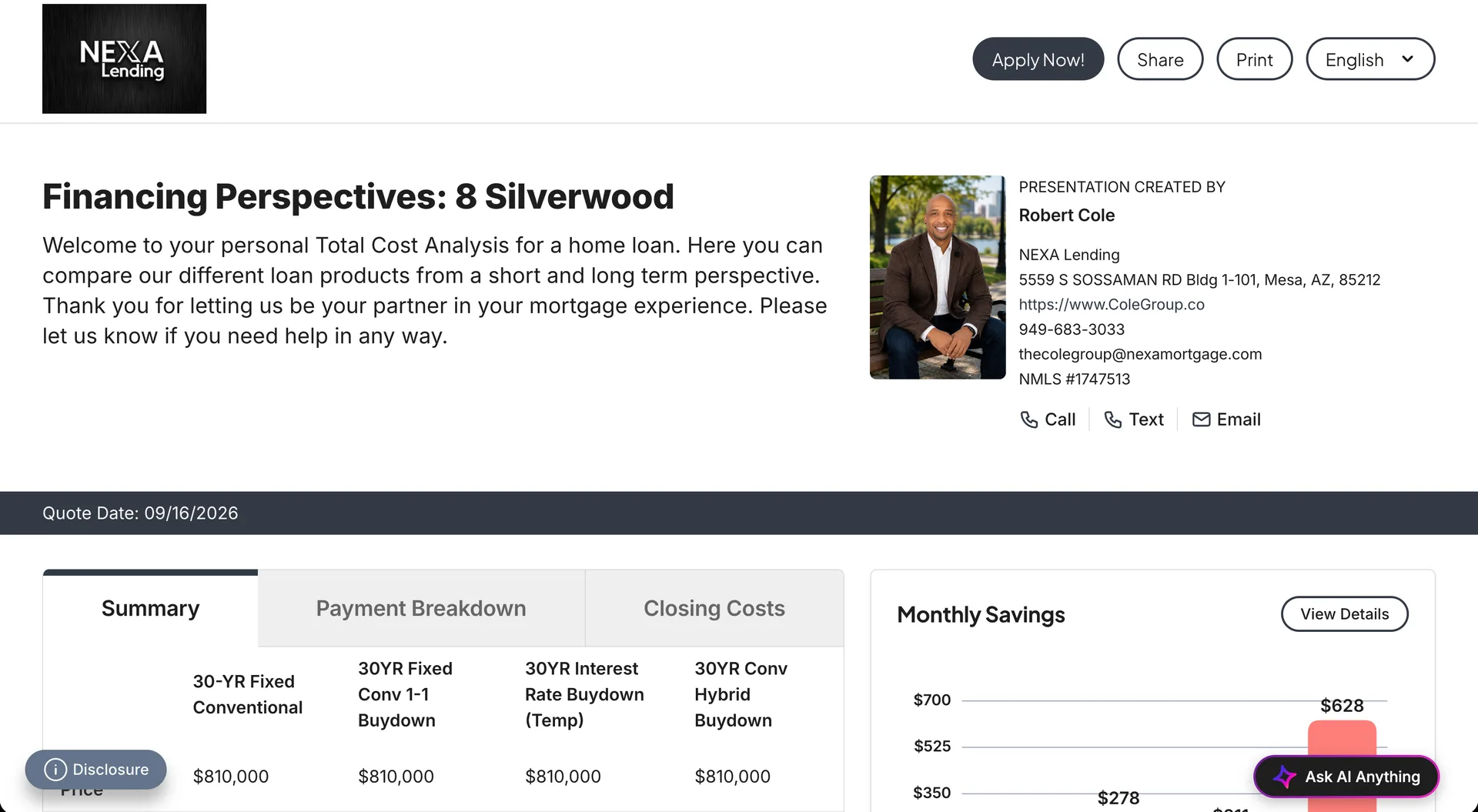 Preview of the interactive Mortgage Coach financing presentation for 8 Silverwood, Irvine